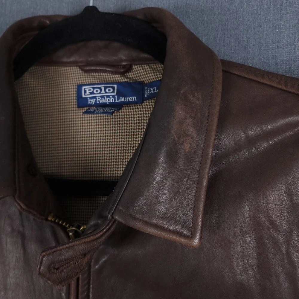 Vintage Polo Ralph Lauren Bomber Jacket Mens XL Brown Soft Leather Full Zip